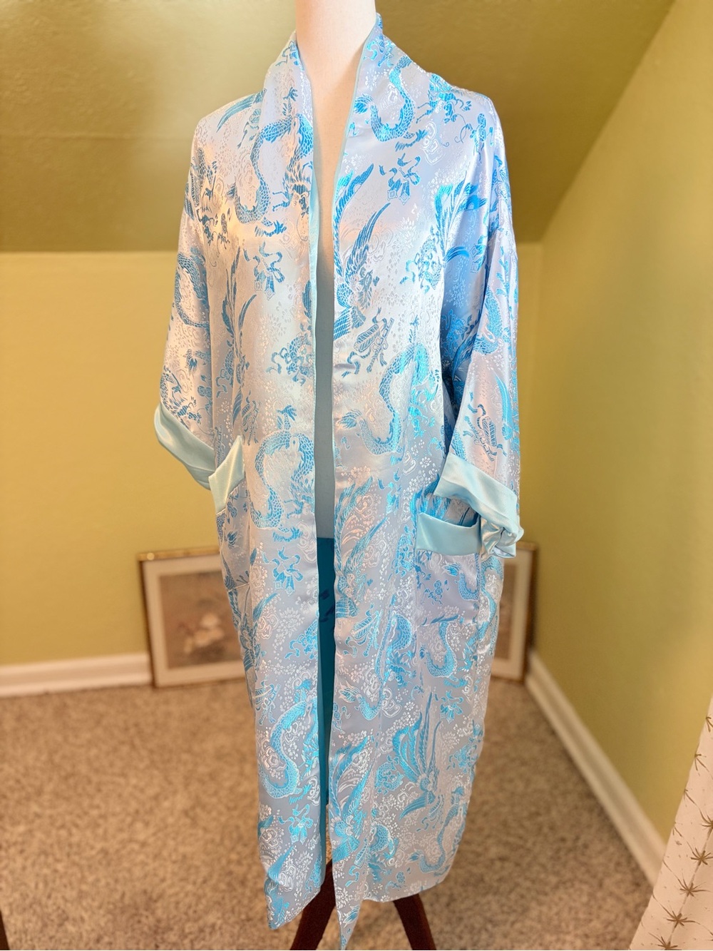 Vintage 70s 80s Reversible Asian Brocade Dragon Phoenix Kimono Robe OS
